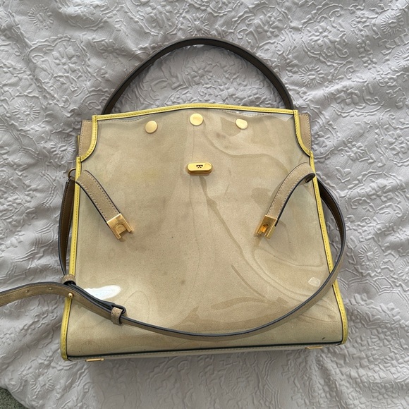 Tory Burch Lee Radziwill Raincoat Double Leather Bag Satchel Beige Yellow Bag - Picture 3 of 17